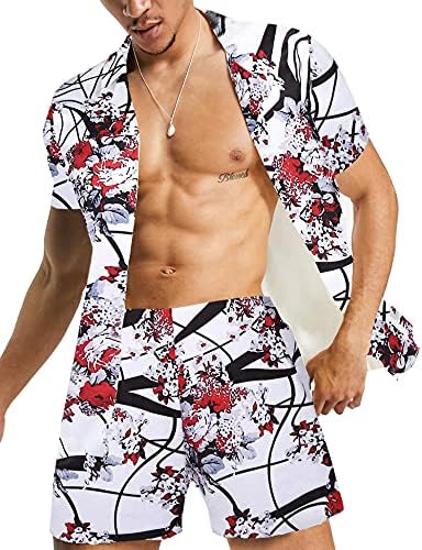 Daupanzees erkek Lüks Casual Düğme Aşağı Kısa Kollu Hawaii Gömlek Takım Elbise
