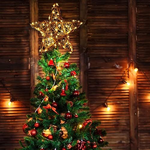 Yıldız Noel ağacı Topper, rattan doğal noel ağacı Topper ile ışıklı 23Ft 30LED sıcak beyaz akülü bakır ışıkları, rustik çiftlik