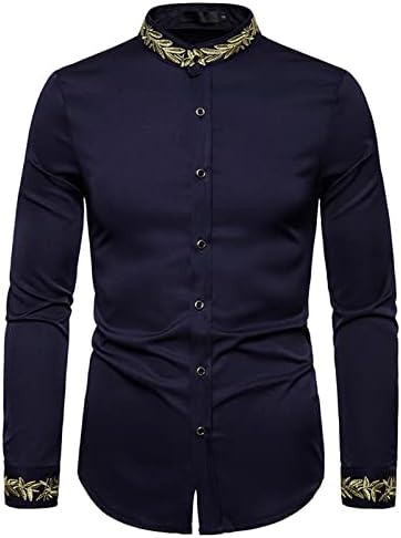 Iş Gömlek Olgun Erkek Işlemeli Yaka Ince Bluz Şık Uzun Kollu Stand-Up Yaka Düğme Aşağı Ofis Gömlek