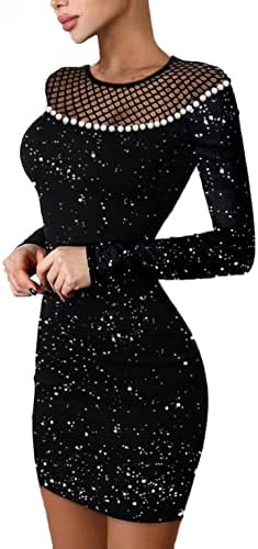 HHHG Bayan Parti Elbise, Moda Glitter Bölünmüş Hems Kontrast Örgü Elbise Derin V Boyun Uzun Kollu Akşam Gelinlik