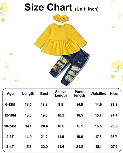 ZOEREA 3 ADET Toddler Kız Elbise Ayçiçeği Kıyafet Fırfır Uzun Kollu Üst + Yırtık Kot Pantolon + Sevimli Kafa Bandı