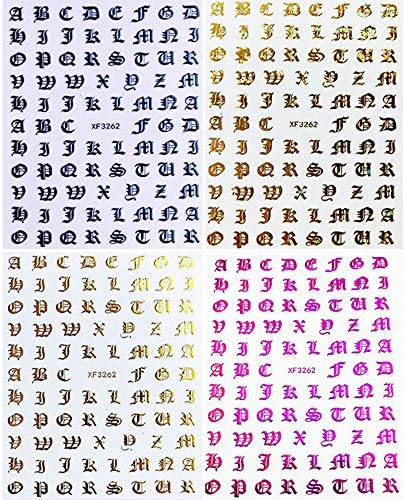 Holografik Mektup Tırnak Çıkartmalar-8 Yaprak Eski İngilizce Alfabe Nail Art Çıkartmaları 3D Kendinden Yapışkanlı Numaraları