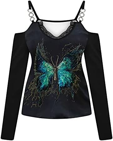 Kadınlar için uzun kollu egzersiz gömlek V yaka gevşek 1/4 fermuar tunik rahat kelebek baskı bluz Tops