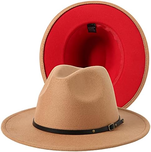JOYEBUY Kadın Lady İki Ton Geniş Brim Panama Şapka Patchwork Renkler Klasik Fedora Şapka Kemer Toka ile