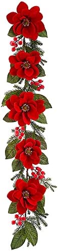 SilksAreForever 5 ' Kadife Poinsettia, Berry & Çam Yapay Çelenk-Kırmızı (2'li Paket)