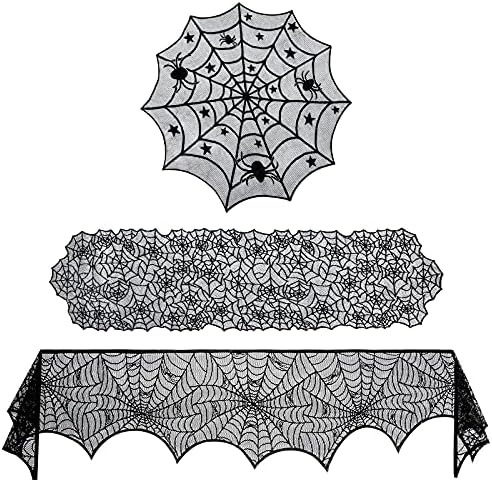 Korlon 3 Adet Cadılar Bayramı masa örtüsü Dekor, Vintage Örümcek Web Cadılar Bayramı Masa Örtüsü ve Masa Koşucu, manto Kapalı