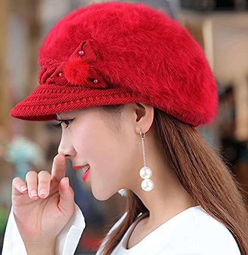 Kadın Kış Sıcak Örgü Şapka Faux Kürk Beanie Cap ile Visor