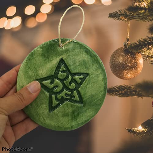 Yeşil Yıldız, Seramik Süslemeli 3 Düz Noel Topu Seti