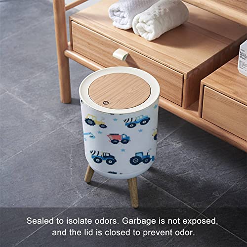 Kapaklı Çöp Tenekesi Çimento Karıştırıcı Araç ve Traktör El Çizimi Pres Kapağı Küçük Çöp Kutusu Ahşap Ayaklı Yuvarlak Banyo Mutfak