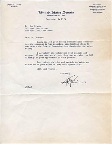 Jacob K. Javits-09/03/1975 İmzalı Mektup