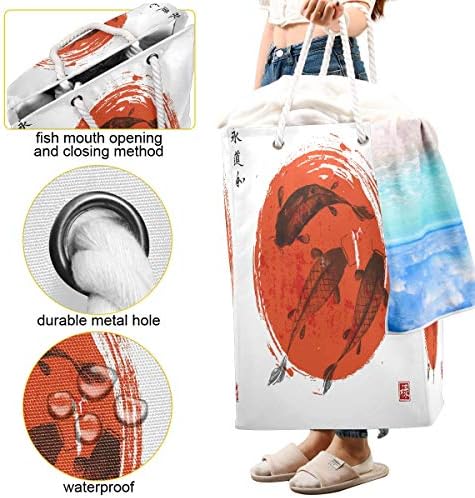 Qmxo 75L Çin Koi Sanat Boyama Çamaşır Sepeti Katlanabilir Büyük Giysi Naylon Kumaş çamaşır sepeti Çanta ile Genişletilmiş Pamuk