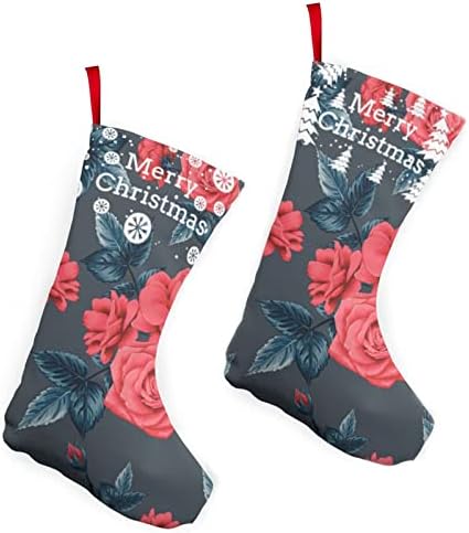 Dcehgew Güzel Kırmızı Gül Çiçek Baskılı Klasik Noel Çorap 2 Set,Aile Tatil Noel Partisi Süslemeleri için 10 İnç
