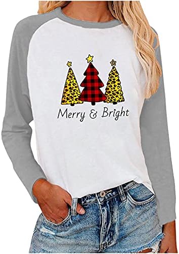 Merry Christmas Ağacı Gömlek Kadınlar için Uzun Kollu Crewneck Tişörtü Gevşek Fit Raglan Tops Casual Güz Bluzlar