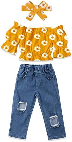 Bebek Kız Giysileri Yaz Üstleri + Jean Pantolon + Kafa Bandı 3 Adet Set Kıyafetler