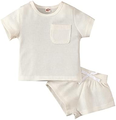 Yaz Bebek Erkek Giysileri Kız Kıyafet Waffle Örgü Kısa Kollu Temel Şort Set Erkek Bebek Giyim