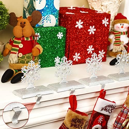 4 Adet Kar Tanesi Stocking Tutucu Noel Stocking Sahipleri için Manto Gümüş Metal Stocking Askı Kanca Şömine Noel Partisi ve Ev