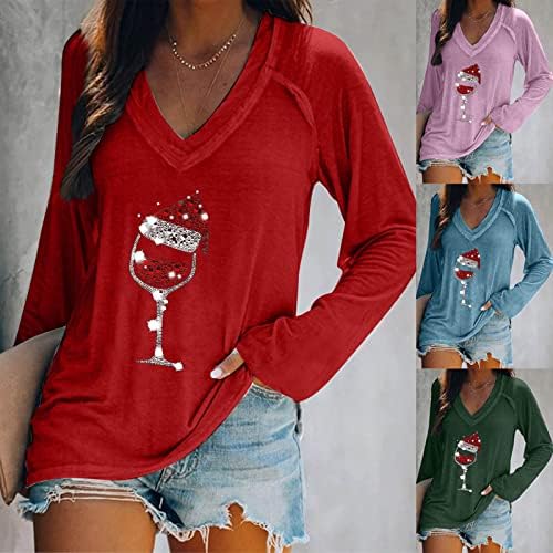 Mimacoo Noel Gömlek için Bayan Noel Kırmızı Şarap Cam Baskı Kazak Crewneck Uzun Kollu Bluz Trendy Casual Tunik Tops