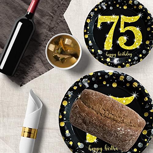Trgowaul 75th Doğum Günü Parti Malzemeleri-Siyah ve Altın Tek Kullanımlık Kağıt Tabaklar, Peçeteler, Bardaklar, Tablecover Çatal,