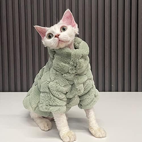 Sphynx Kedi Giyim Moda Yeşil Ekose Faux Kürk Ceket Kış Yumuşak Sıcaklık Kalınlaşmak Yüksek Yaka Snap Düğmesi Ceket Kedi Giyim