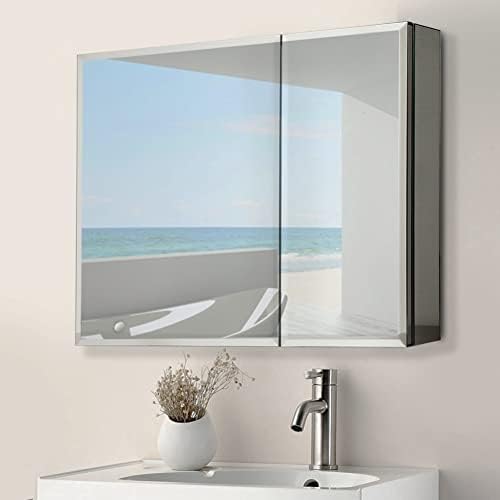 Aynalı MOVO Çift Kapılı Ecza Dolabı, 30 inç X 26 inç Alüminyum Banyo Ecza Dolabı, Ayarlanabilir Cam Raflar, Su Geçirmez ve Paslanmaya