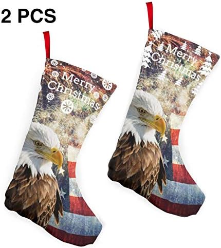 Dcehgew Amerikan Bayrağı Kartal Havai Fişek Baskılı Klasik Noel Çorap 2 Set,Aile Tatil Noel Partisi Süslemeleri için 10 İnç