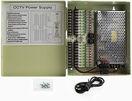 InstallerCCTV 18 Çıkışlar 12 Amp 12V DC CCTV Güvenlik Kamerası için Dağıtılmış Güç Kaynağı Kutusu, UL Listelenen