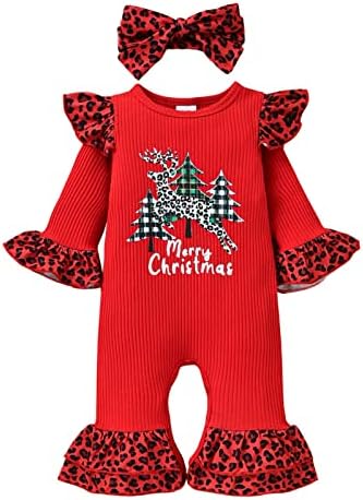 LouVasabuce Toddler Bebek Kız Erkek Noel Kıyafeti Uzun Romper Fırfır Çan-Alt Leopar Tulum + Kafa Suit