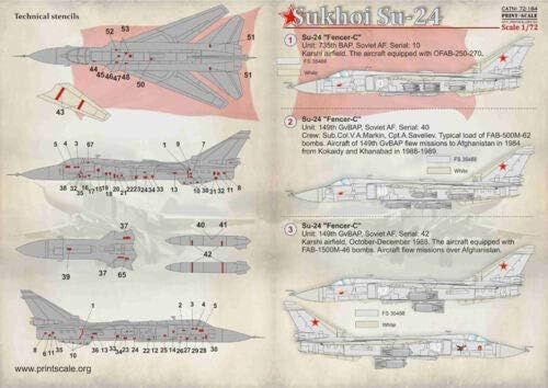 Sukhoi SU-24 için Baskı Ölçeği 72-184 - 1/72 Çıkartma (Uçak Islak Çıkartma)