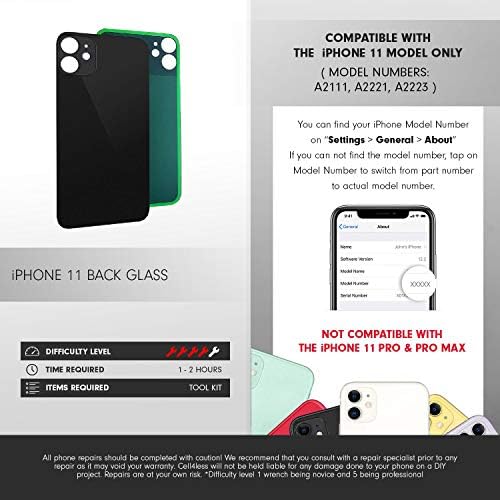Cell4less Arka Cam Değiştirme Kiti için iPhone 11 ~ Arka Arka Cam w/Temizleme Aracı (Sarı)