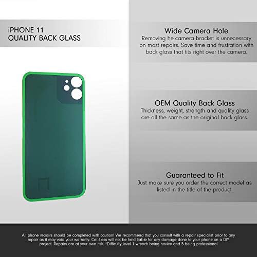 Cell4less Arka Cam Değiştirme Kiti için iPhone 11 ~ Arka Arka Cam w/Temizleme Aracı (Yeşil)