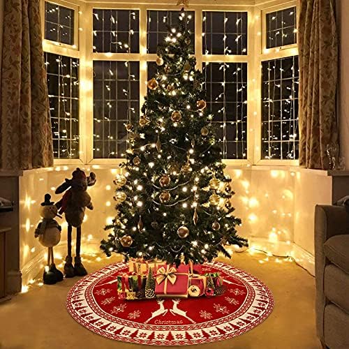 OurWarm Noel Ağacı Etek, 48 İnç Kırmızı Örme Noel Ağacı Etek ile Kar Tanesi ve Ren Geyiği, rustik Çift Taraflı Noel Ağacı Etek