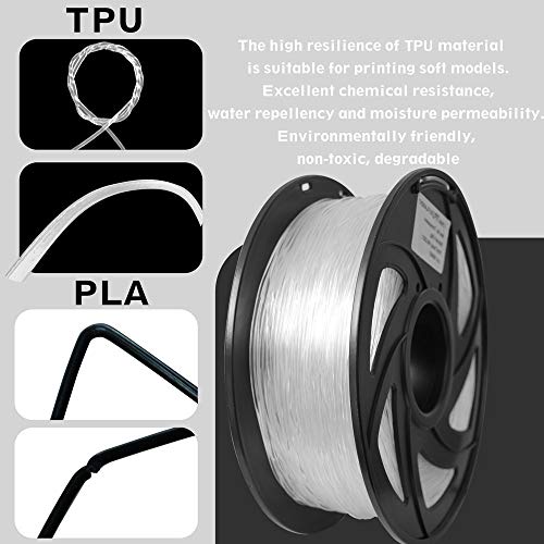 Esnek TPU 3D Yazıcılar Filament, 1.75 mm, Renk Açıktır, Doğruluk + / -0.05 mm, Net Ağırlık 1 KG (2.2 LB), şeffaf TPU, Sertlik