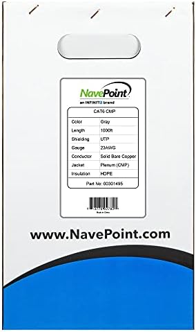 NavePoint CAT6 (CMP), 1000 Ft, Gri, Katı Dökme Ethernet Kablosu, 23AWG 4 Çift, Korumasız Bükümlü Çift (UTP) 1'li Paket