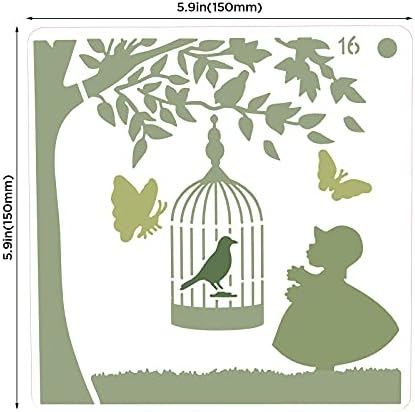 ORNOOU Uçan Kuş Şablon Seti, 16 Adet Kuş Çiçek Ağacı Şablonlar + 10 Adet Profesyonel Boya Fırçaları Boyama Ahşap Tuval üzerine,