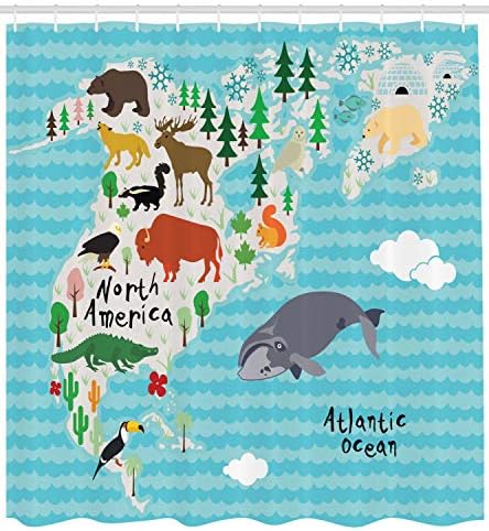 Ambesonne Kuzey Amerika Duş Perdesi, Kıta Haritası ile Karikatür Tarzı Yerli Hayvanlar Ayı Geyik Balina Timsah, Bez Kumaş Banyo