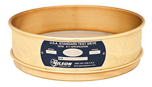 Gilson 8 inç (203mm) ASTM E11 Test Eleği, Pirinç Çerçeve / Paslanmaz Çelik Kumaş, No. 200 (75µm) Açılma Ölçüsü, Tam Yükseklik