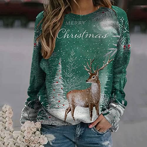 Crewneck Tişörtü Kadınlar ıçin Trendy Sevimli Noel Ren Geyiği Baskı Uzun Kollu Kazak Rahat Noel Unisex Gömlek Üst