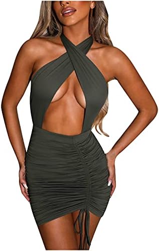 Kadınlar için rahat yaz elbisesi, Kolsuz Spagetti Kayışı Katı Elbise Gece Kulübü Seksi Cut - Out Bodycon Halter Elbise